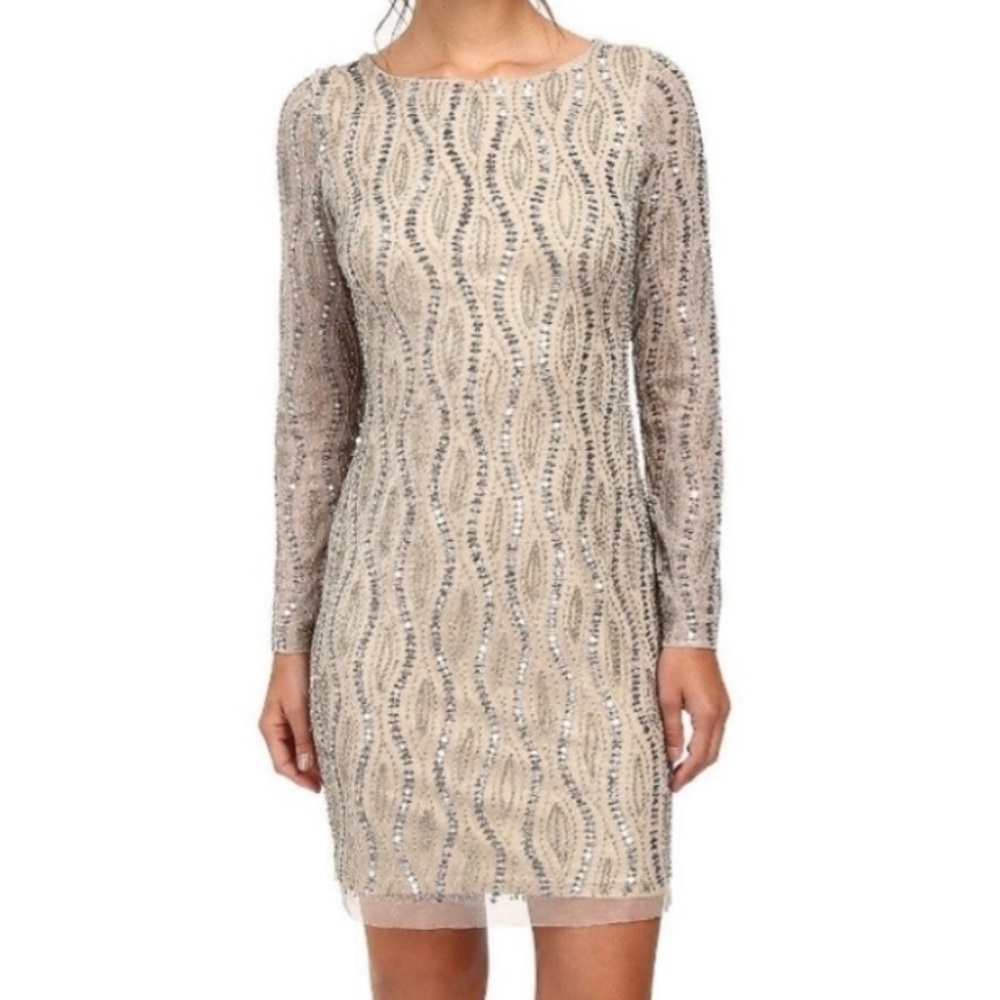 Adrianna Papell beaded cocktail dress, silver/nude
